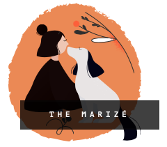 Logo for the Marizé blog, these words are in front of an image of a woman and her dog (cartoon).